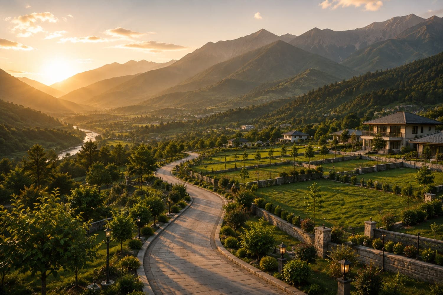 Golden-hour view of a peaceful Himalayan land development surrounded by green hills