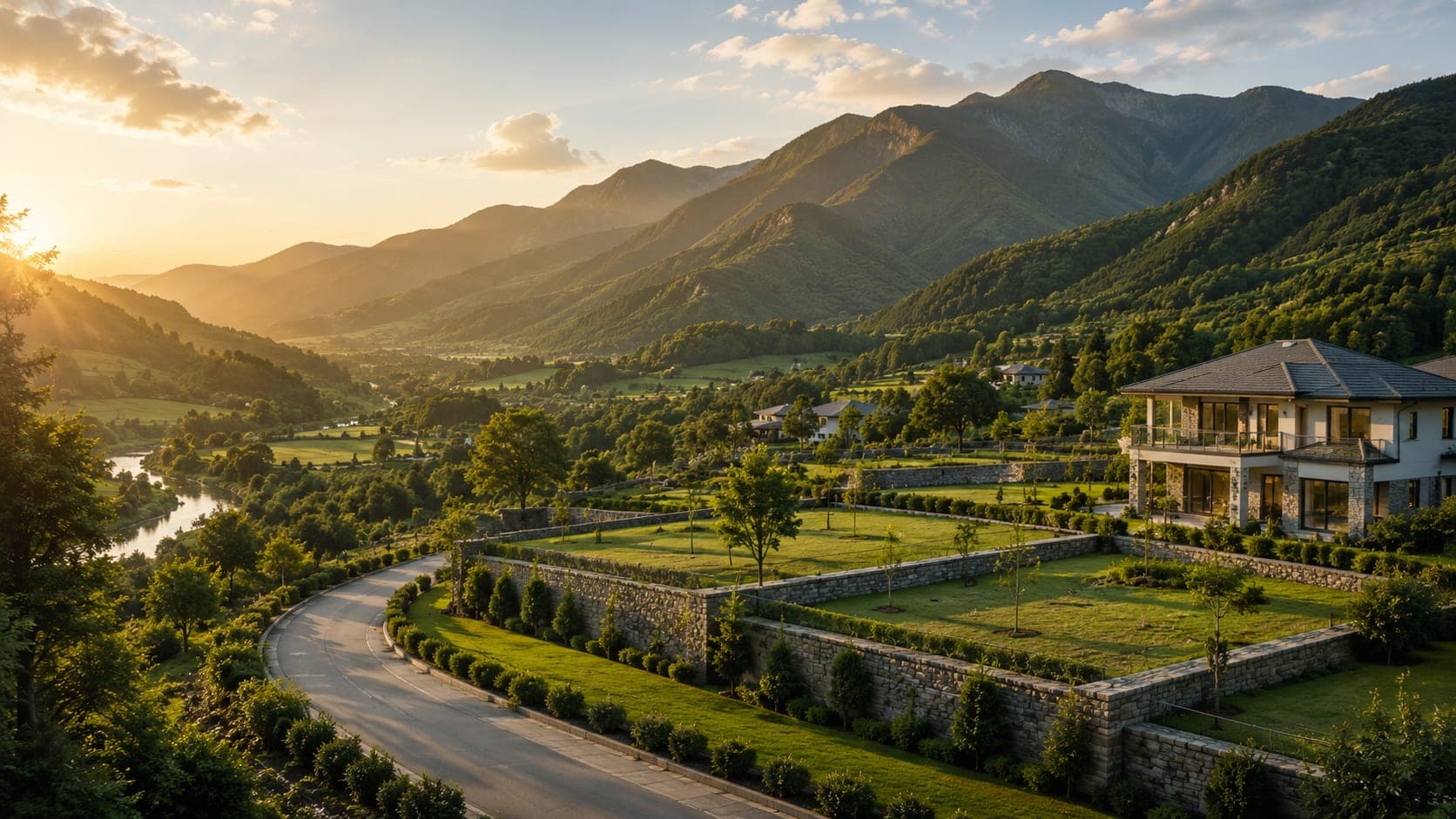 Golden-hour Himalayan valley with thoughtfully planned homes, landscaped grounds, winding roads and mountains in the distance